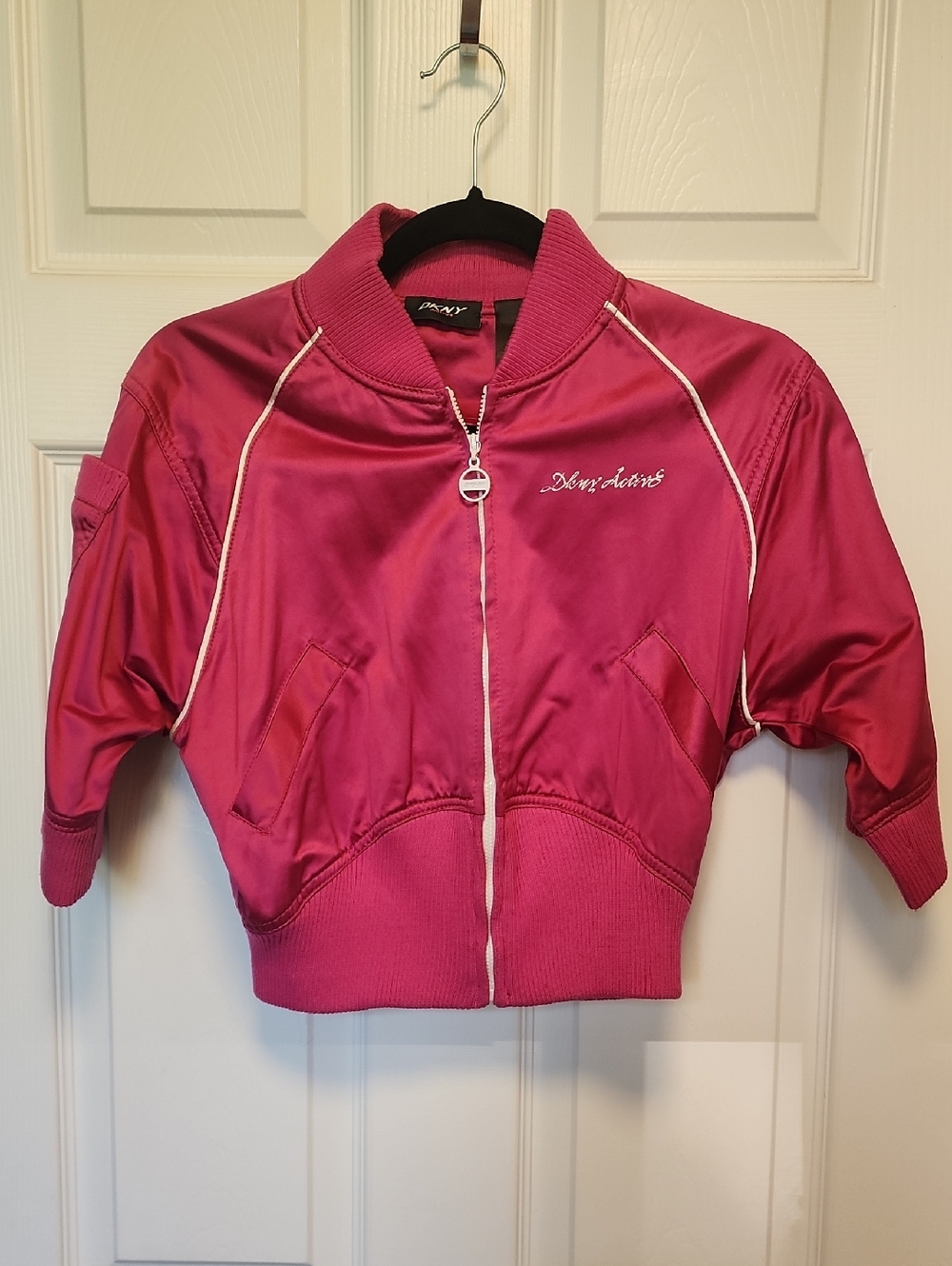 DKNY Active Hot Pink Satin Crop Bomber Jacket Y2K Vintage